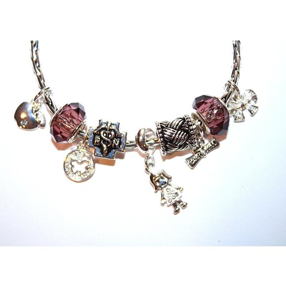 DaVinci Charm Bracelet 8.5" 9 Beads - RN Nurse Nursing School Diploma Silver CZ - Picture 2 of 4